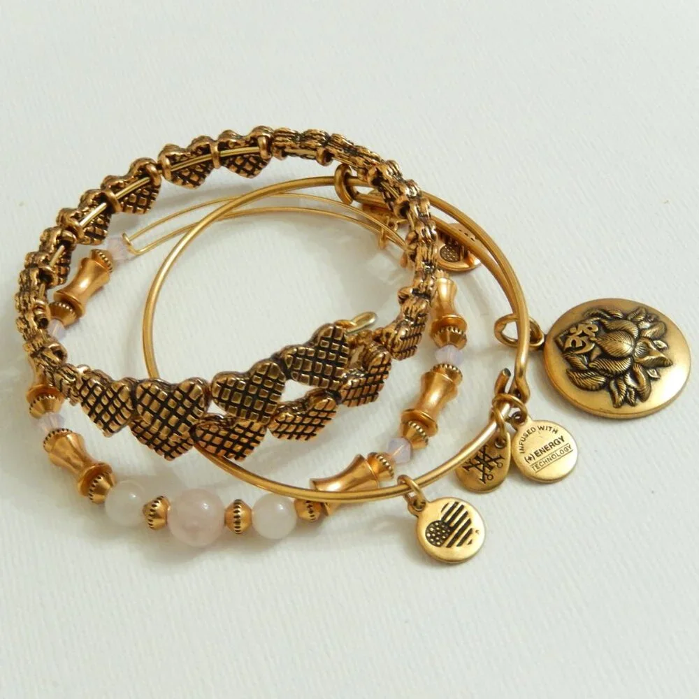 Alex and Ani 3 Pc Bracelet Set Rose Gold Hearts Lotus Peace Petals Rose Quartz